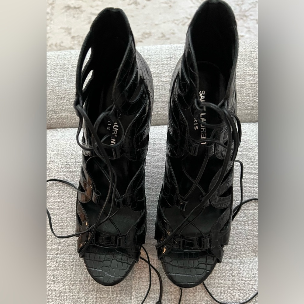 New Saint Laurent Black Croc Embossed Leather Platform Gladiator Sandals 37.5 - Picture 2 of 5